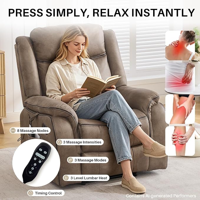 Massage Recliner Chair with Heat, Faux Leather Recliner Chairs for Adults, 39" Wide Manual Reclining Ergonomic Lounge Chair, Overstuffed Wall Hugger Recliners for Living Room, Nut Brown