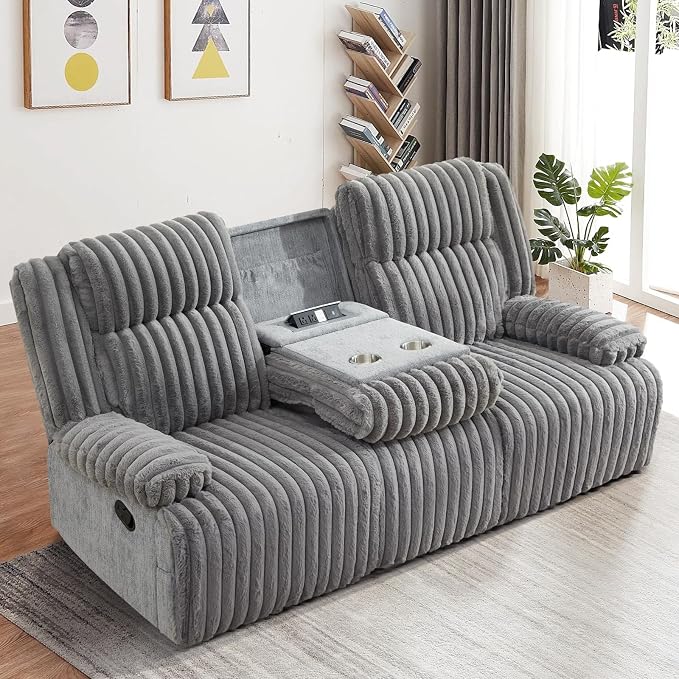 Oversized Reclining Sofa with Flip-Up Middle Backrest, Manual 3 Seater Recliner Sofa, Wall Hugger Recliner Couch with Outlets/USB Ports for Living Room, Bedroom(Gray, Sofa)