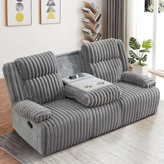 Oversized Reclining Sofa with Flip-Up Middle Backrest, Manual 3 Seater Recliner Sofa, Wall Hugger Recliner Couch with Outlets/USB Ports for Living Room, Bedroom(Gray, Sofa)