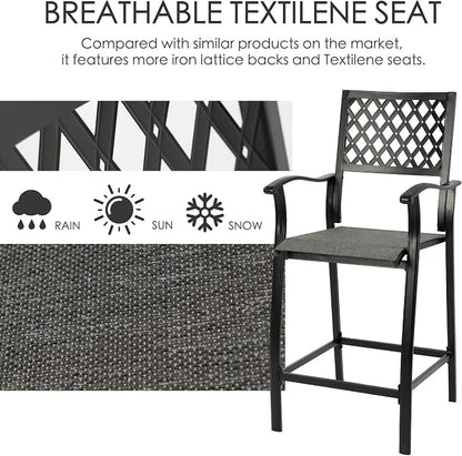 Kozyard Outdoor Counter Height Bar Stools Set of 2, Patio Bar Chairs with Wrought Iron Frame & Textilene Fabric, Outdoor Dining Chairs for Patio, Poolside, Backyard Gray