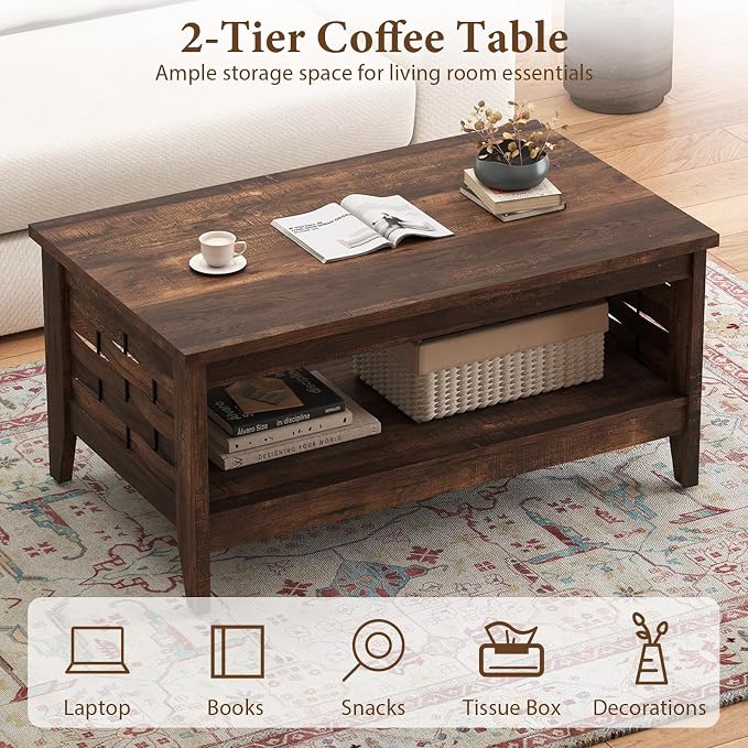 Giantex Farmhouse Coffee Table, 2-Tier Center Table with Storage Open Shelf & Woven Slatted Design, 39.5" Rectangular Accent Cocktail Table, Wood Coffee Tables for Living Room (Rustic Brown)