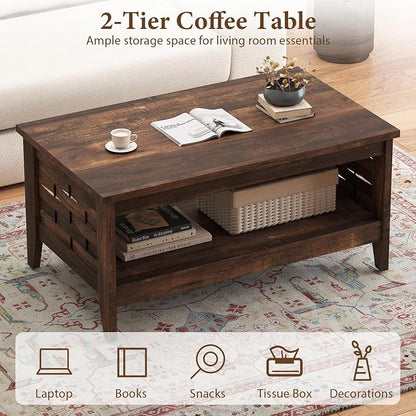 Giantex Farmhouse Coffee Table, 2-Tier Center Table with Storage Open Shelf & Woven Slatted Design, 39.5" Rectangular Accent Cocktail Table, Wood Coffee Tables for Living Room (Rustic Brown)