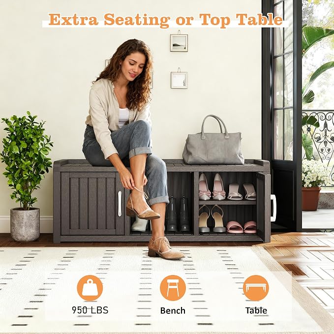 Outdoor Shoe Bench with Waterproof UV-Resistant Indoor Resin Shoe Cabinet Entryway Shoe Cabinet with 2 Doors or Entryway,Living Room,Bedroom,Gray (2 Door)