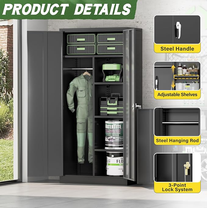 Greenvelly Metal Wardrobe Closet with Doors and Shelves,72" Black Armoire Wardrobe Closet for Hanging Clothes for Office, Home, School, Employee,Gym