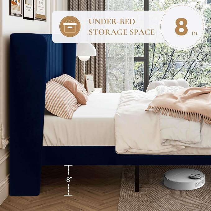 SHA CERLIN King Size Velvet Bed Frame with Vertical Channel Tufted Wingback Headboard, Upholstered Platform Bed with Wood Slats, No Box Spring Needed, Easy Assembly, Blue