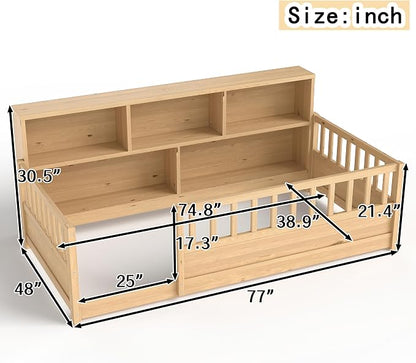 Bellemave Kids Montessori Floor Bed Twin Size,Floor Bed Frame with Bookcase and Fence for Kids Boys Girls,Natural