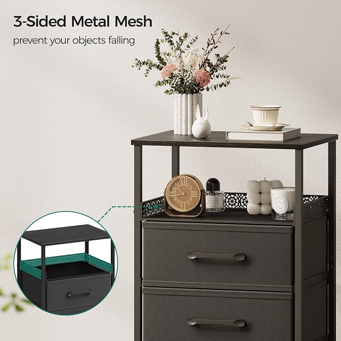JARHETUN Nightstand Set of 2, Night Stands with 3 Fabirc Drawers, 26.4 Inch Tall Bedside Table with Metal Shelf, Modern Side End Table Storage Furniture, Small Dresser for Bedroom, Black