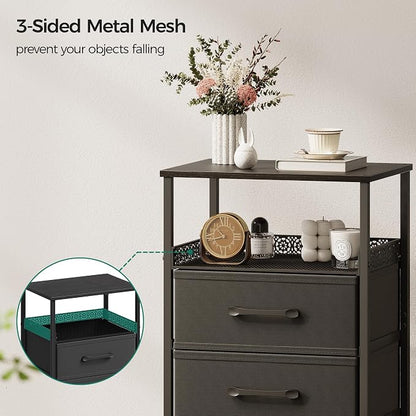 JARHETUN Nightstand Set of 2, Night Stands with 3 Fabirc Drawers, 26.4 Inch Tall Bedside Table with Metal Shelf, Modern Side End Table Storage Furniture, Small Dresser for Bedroom, Black