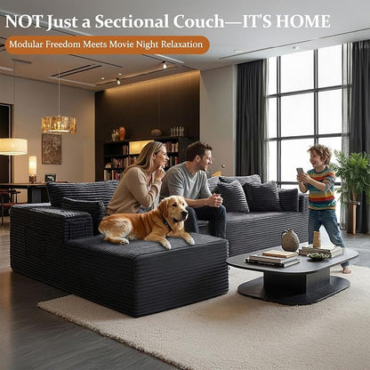 138" Oversized Cloud Sectional Couch, Comfort L Shaped Boneless Couch for Living Room, Extra Deep Seats No Assembly, Minimalist Modular Sofa, Corduroy (Dark Grey, 3 Seater+Right Facing Chaise)
