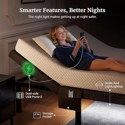 Tami Tami T600 Adjustable Bed Frame Split King Size with Remote & Massage - Syncable Electric Beds Bases, Zero Gravity, Dual Side USB, Nightlight, Quiet Motor, 5 Min Easy Assembly