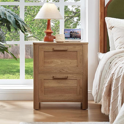 Joaxswe Farmhouse Nightstand with Charging Station, End Tables Bedroom with 2 Large Drawers & 4 Thickened Table Legs, Brown