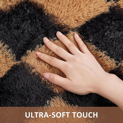 Ophanie 8x10 Black & Beige Diamond Checkered Rugs for Living Room Bedroom,Large Rhombus Fluffy Soft Fuzzy Area Rugs,Plush Shaggy Bedside Floor Carpet Kids Baby Dorm Decor with Over 99 pcs Pile fibers