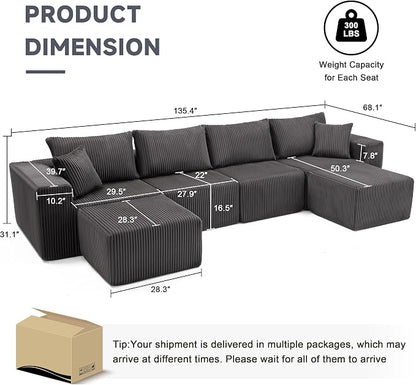 Weture 135.4" Cloud Couch Sectional, Modular Sectional Sofa with Deep Seat, Plush Corduroy U Shaped Boneless Couch, Convertible Sectional Couches for Living Room, 6Seat, Grey