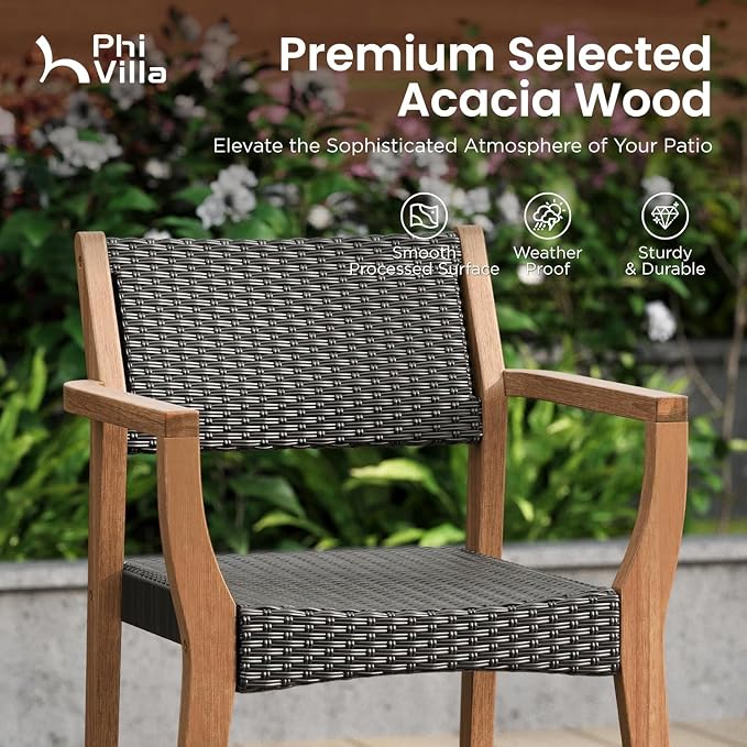 PHI VILLA Outdoor Dining Set for 8, Expandable Acacia Wood Table & Chairs | 9pc teak patio furniture set. Large farmhouse set for deck, porch, backyard