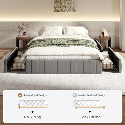SHA CERLIN Full Size Velvet Upholstered Platform Bed Frame with 4 Storage Drawers, Vertical Channel Tufted, Low Profile, Fits Standard Headboards, Wooden Slats Support, Easy Assembly, Grey