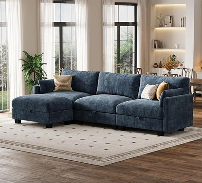Modular Sectional L Shaped Sofa Couches for Living Room, Cloud Couch with Storage Ottoman, Comfy Chenille Sofa with Pillow, Blue