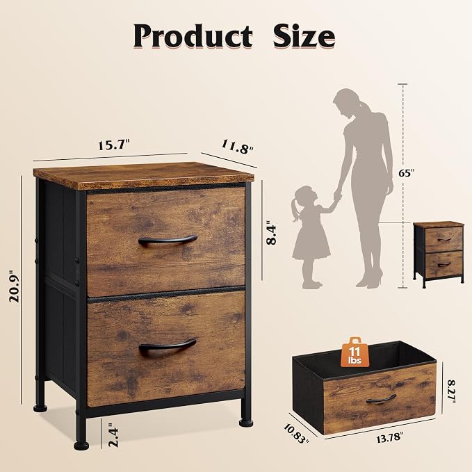 WLIVE Night Stand, Small Dresser with 2 Drawers & Wooden Top, Nightstand with Fabric Bins, Bedside Table End Table for Bedroom, Closet, Entryway, College Dorm, Rustic Brown