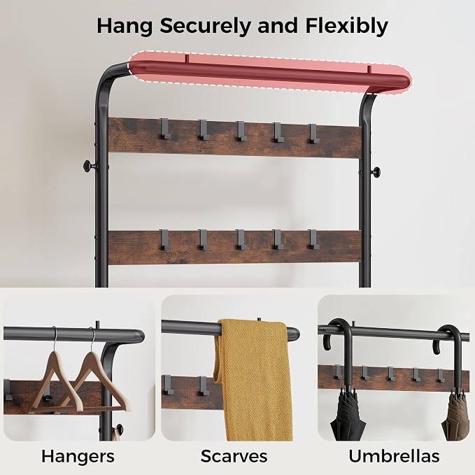 DUMOS 5-in-1 Hall Tree with Coat Rack and Shoe Bench, Industrial Entryway Storage Organizer with Top Hanging Rod, 10 Movable Hooks & Side Hooks, Mudroom Bench with 2-Tier Shoe Rack, Brown