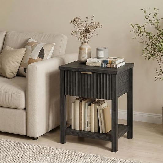 Fluted Night Stand with Golden Handle,Mid-Century Nightstands with Drawer,Modern Bedside Table with Storage Shelf,Large Wood End Tables for Livingroom,Bed Side Tables for Bedroom,Black