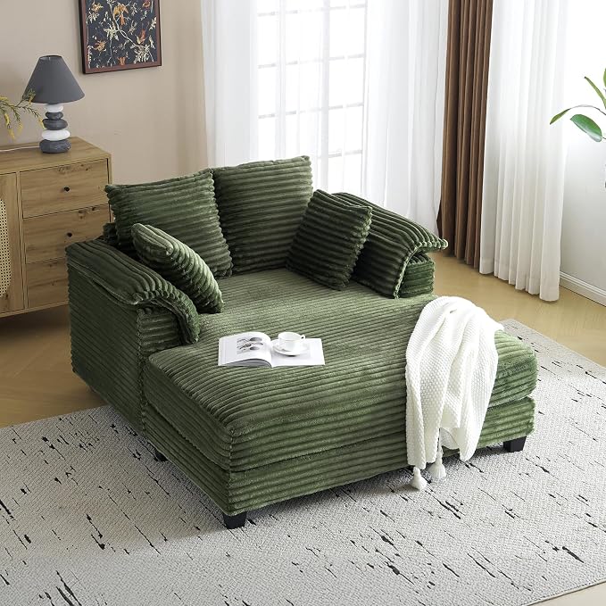 VINGLI Lounge Chair, 56" Oversized Reading Chair Corduroy Chaise Sofa Recliner Bed Upholstered Comfy Sleeper Couch with Throw Pillows and Armrests for Living Room, Movie Room, Bedroom