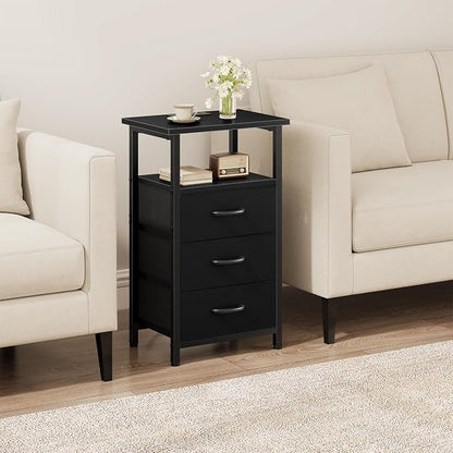 Vagusicc Nightstand with Charging Station, Bedside Table with USB Ports and Outlet, End Table Side Table with 3 Fabric Drawers and Storage Shelf, Bed Side Table Black Night Stand for Bedroom, Black