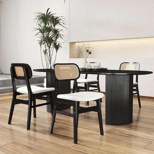 ROCITY Black Rattan Dining Chairs Set of 4 Lambswool Dining Room Chairs Natural Wooden Kitchen Chairs Farmhouse Boho