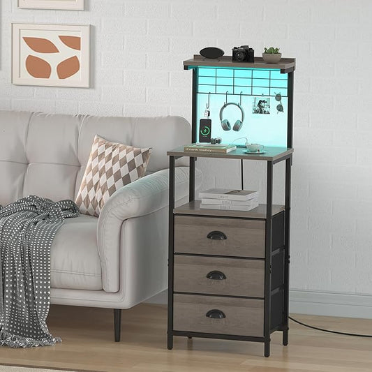 sthmec Bedside Tall Nightstands with Charging Station, LED Bedside Table for Bedroom - 3 PU Fabric Drawers, Hooks, USB/Type-C Ports & Open Bedside Shelves, Grey