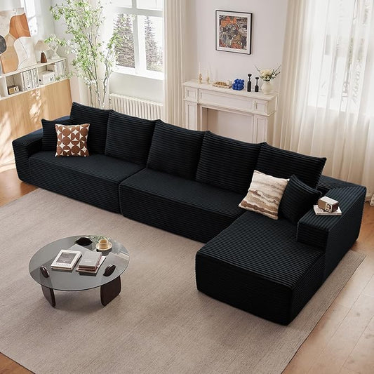 166.9" Cloud Sectional Couch with L-Shape Chaise, Upholstered Corduroy Couches Sleeper with Deep Seat, Modern Modular Comfy Sofa Chaise Longue for Living Room Bedroom, No Assembly Required, Black