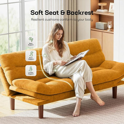 Marsail 66" Futon Sofa Bed, Convertible Corduroy Futon Couch with Adjustable Backrest & Armrests, Small Sleeper Sofa Loveseat for Living Room, Apartment, Office, Yellow