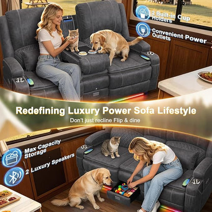 Power Recliner Loveseat Recliner with Massage and Lumbar Heating, Home Theater Reclining Loveseat with Flip Console, RV Couch Wall Hugger with 2 Speakers, Storage, USB, Outlet & LED (Velvet,Grey)