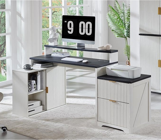 67"Fluted Desk with Cabinet & 2 Drawers, Modern Office Desk Built‑in Outlet | Wood Home Office Desk, storage cabinet with sliding doors, Fluted Computer Writing Desk, Antique White