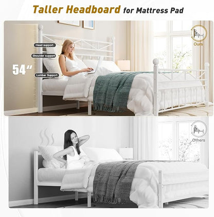 EnHomee Metal King Bed Frame,Tall Headboard & LED Light,Noise-Free,White | Heavy-duty supports 883lbs,12.7"Under-bed storage space for apartment & dorm,No box spring needed,Easy assembly