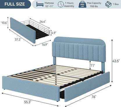 IDEALHOUSE Full Bed Frame with 2 Flexible Drawers and Bookcase Headboard, Boucle Upholstered Platform Bed for Boys, Noise-Free, Easy Assembly, No Box Spring Needed, Blue