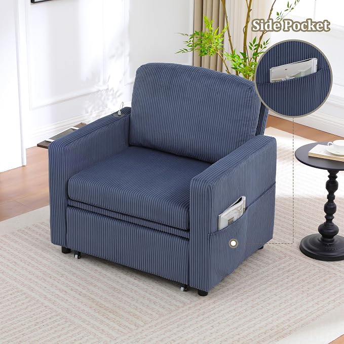 3 in 1 Folding Convertible Sleeper Sofa Bed Pull Out Couch with Side Pockets USB Port Side Table Single Sofa Bed with Adjustable Backrest for Living Room Bedroom 66" Blue 1 SEAT