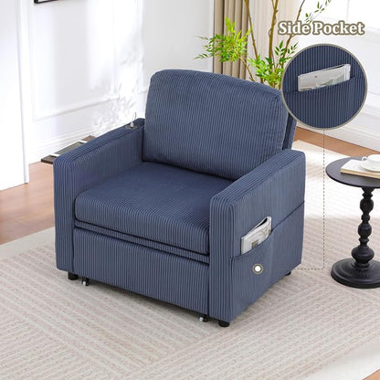 3 in 1 Folding Convertible Sleeper Sofa Bed Pull Out Couch with Side Pockets USB Port Side Table Single Sofa Bed with Adjustable Backrest for Living Room Bedroom 66" Blue 1 SEAT
