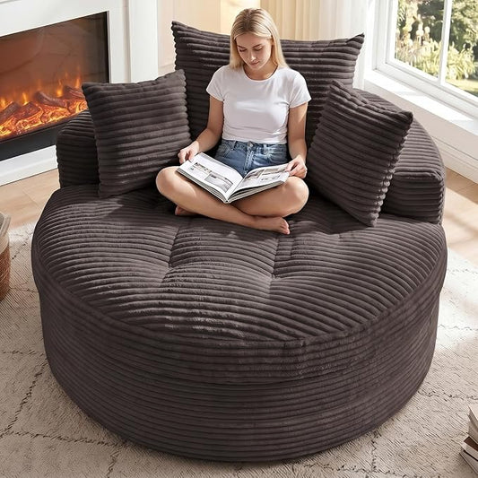 Oversized Round Chaise Lounge Chair, Deep Seat Cloud Boneless Floor Sofa Couch, Upholstered Corduroy Sleeper with 3 Pillows & Optional Ottoman, No Assembly Modern Lazy Floor Lounger for Living Room