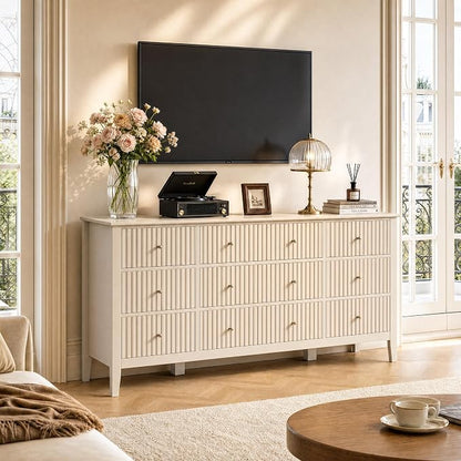 RoyalCraft Fluted Dresser for Bedroom with 9 Drawers, 59" Wide Painted Wooden Chest of Drawers, Modern TV Stand Storage Cabinet for Living Room, Hallway, Beige