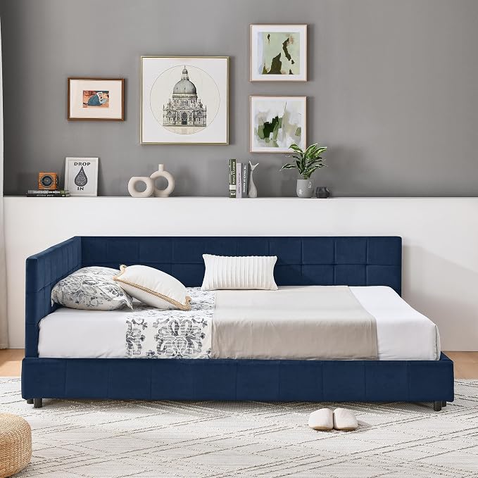 Bellemave Full Size Corner Bed Frame with Comfortable Backrest and Armrests, Velvet Tufted Corner Bed Frame Full Size, Upholstered Daybed for Bedroom, Living Room, Guest Room, Dark Blue