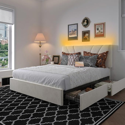 Novilla Queen Size Bed Frame, Queen Bed Frame with Headboard, Queen Bed Frame with Drawers, LED Bed Frame Queen Size, Charging Station and Adjustable Headboard, No Box Spring Needed, White Velvet
