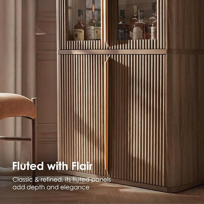 77" Tall Storage Cabinet - Fluted Pantry Cabinets with Glass Doors, Wooden Kitchen Food Cupboard, Adjustable Shelves, Modern Display Storage Closet for Living Room, Dining Room, Office, Oak 2pcs