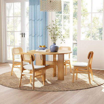 ROCITY Rattan Dining Chairs Set of 4 White Faux Leather Dining Room Chairs Natural Wooden Kitchen Chairs Farmhouse Side Chairs