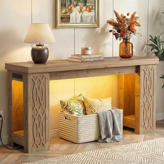 Cyclysio 63" Console Table with Outlet, Farmhouse Entryway Table with Colorful LED Lights, Wooden Sofa Table with Unique Carved Design, Foyer Accent Table for Entrance, Hallway, Living Room Natural
