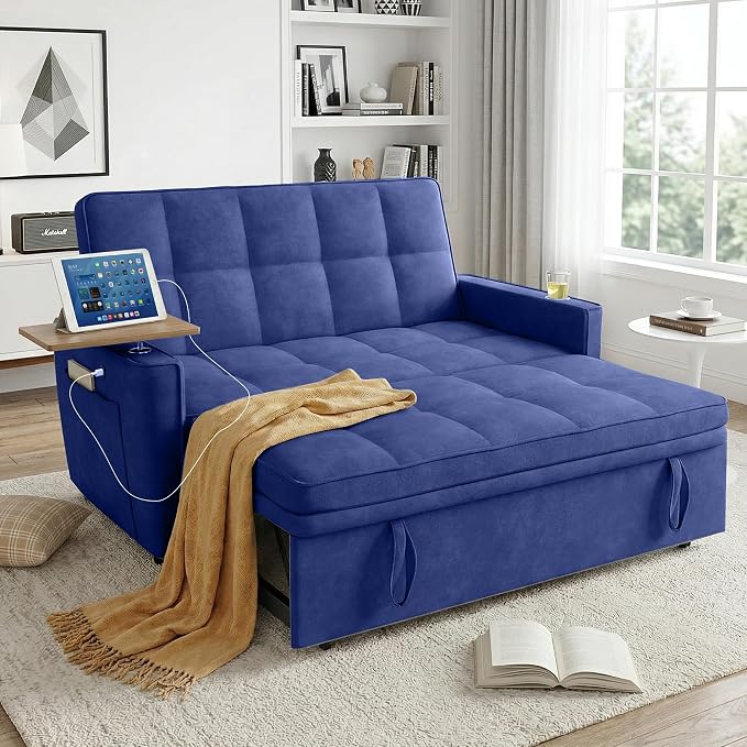 54'' Sleeper Sofa Bed, Convertible Pull Out Couch Futon for for Living Room,Apartment (Blue) Side Desk, USB Ports, Cup Hold, Velvet Fabric, Adjustable Backrest, Easy Assembly