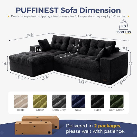MAXYOYO 104" L Shaped Modular Sectional Sofa with Ottoman, Cloud Boneless Couch with Layered Cushion, Upholstered Sofa Flexible Module Combination for Living Room, No Assembly, Black