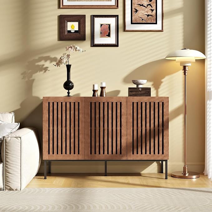 BVIUNTWO Buffet Cabinet, Modern Credenza Storage Cabinet with Adjustable Shelves and Metal Base, 47 Inch Wood Multifunctional Console Table for Kitchen, Living Room, Entryway, Brown