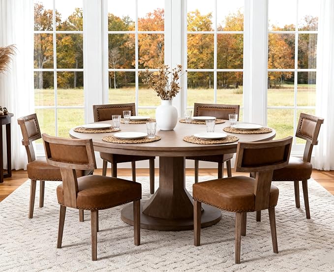 RIVOVA Mid Century Modern Dining Chairs Set of 6, Farmhouse Dining Chairs with Nailhead Trim, Faux Leather Upholstered Dining Room Chairs Kitchen Chairs with Wood Legs, Brown