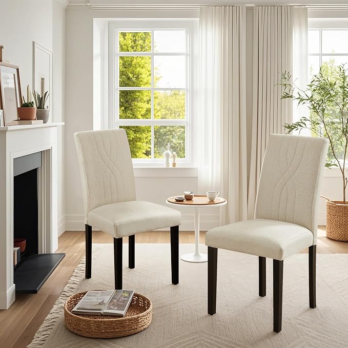 VECELO Upholstered Dining Chairs Set of 2, Modern Fabric and Solid Wood Legs & High Back for Kitchen/Living Room- Beige