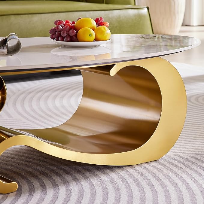 49.2-Inch Modern Oval Faux Marble Coffee Table with Sturdy Gold Metal Base - Luxury Living Room Furniture for Home Decor | Scratch-Resistant & Easy Assembly (Gold)