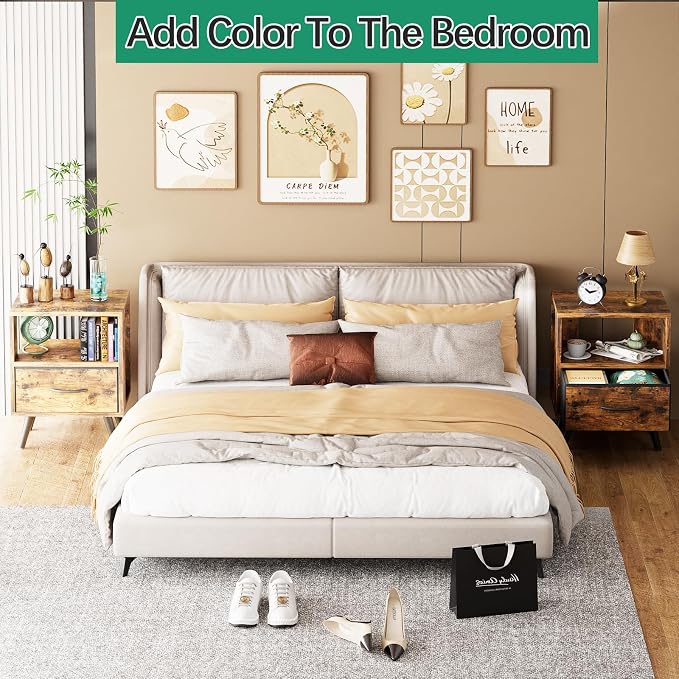 Aenuert Night Stand, Brown Nightstand with Drawer, Side Table with Open Storage, 2-Tier Modern End Table, Bedside Table for Small Space, Living Room, Bedroom