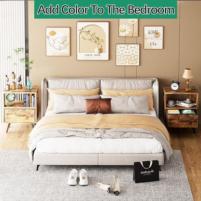 Aenuert Night Stand, Brown Nightstand with Drawer, Side Table with Open Storage, 2-Tier Modern End Table, Bedside Table for Small Space, Living Room, Bedroom